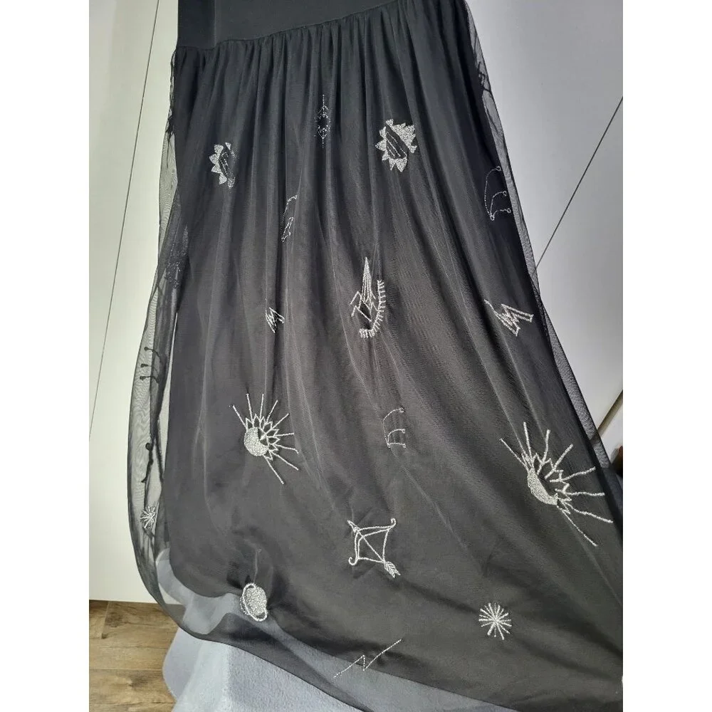 BONGO SZ LG Black Tulle Midi Dress Embroidered Whimsigoth Dark Grunge Emo y2k - Picture 9 of 10